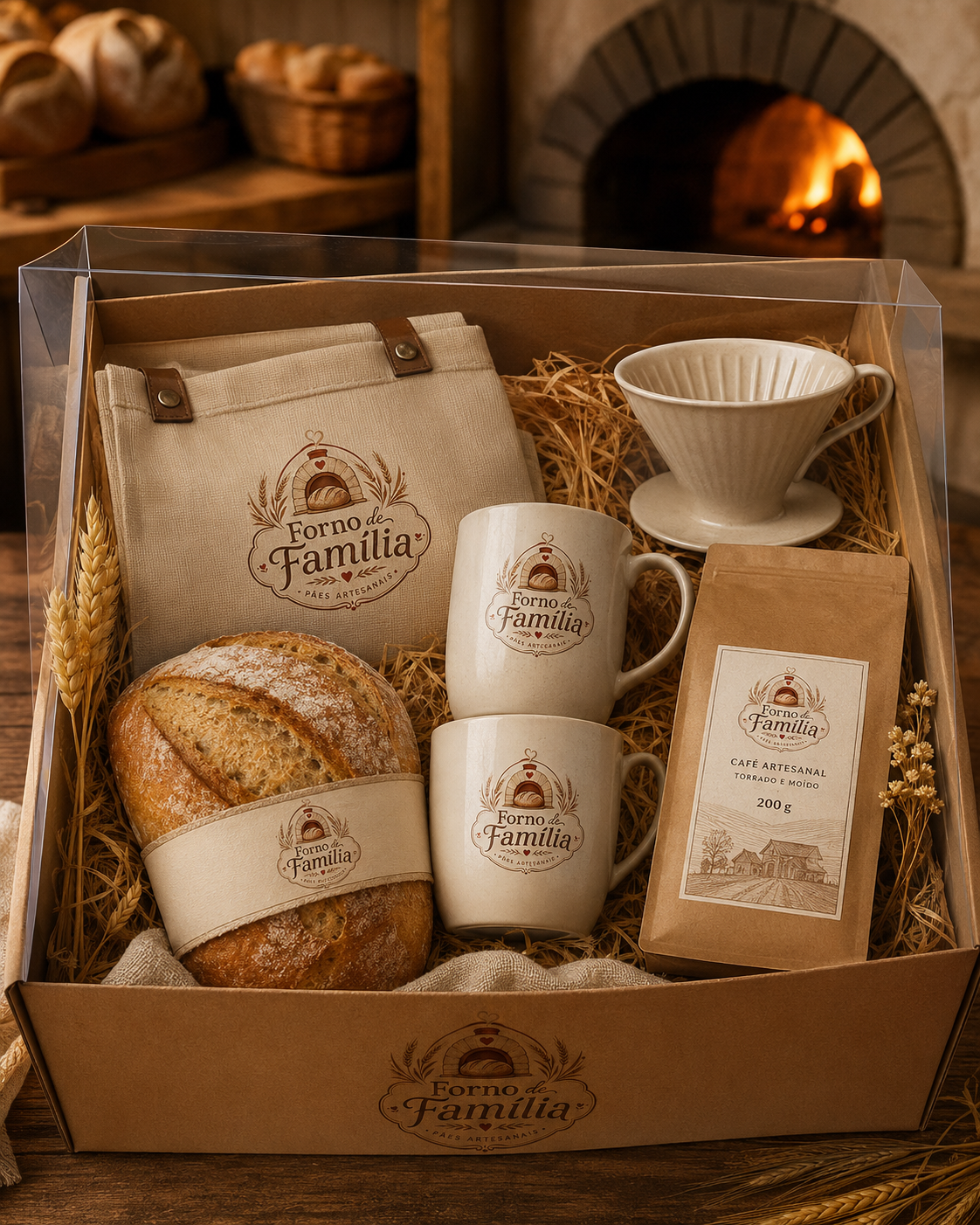 Kit presente Forno de Família com pão artesanal, canecas, café e coador em caixa rústica