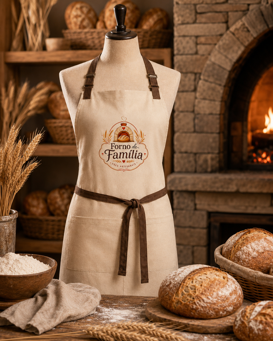 Avental Forno de Família em tecido natural exibido em ambiente rústico com forno a lenha
