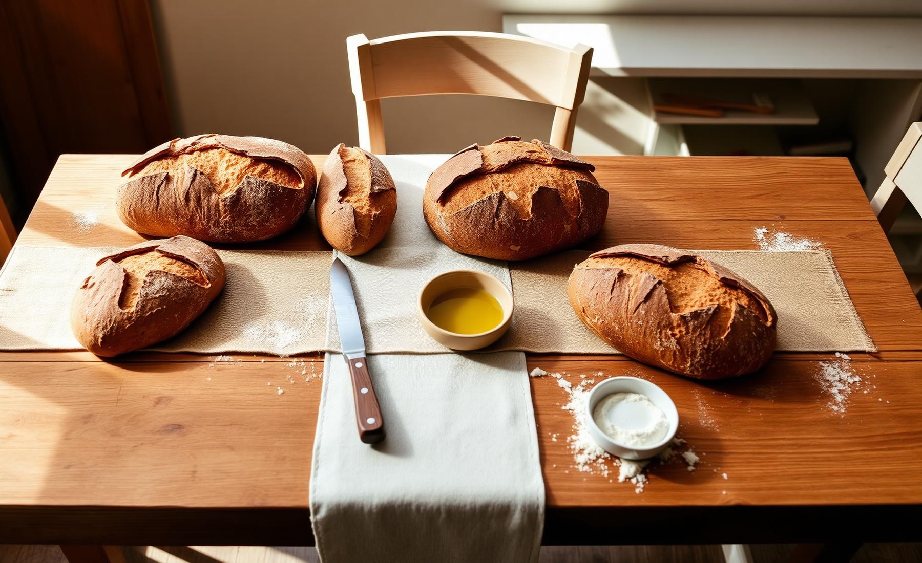Mesa rústica de madeira com vários pães artesanais e panos de linho