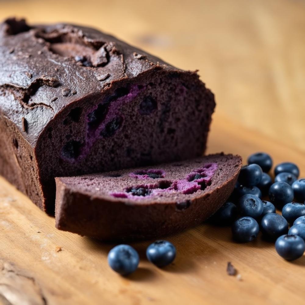 Pão sourdough de cacau fatiado revelando miolo com blueberries frescos ao lado