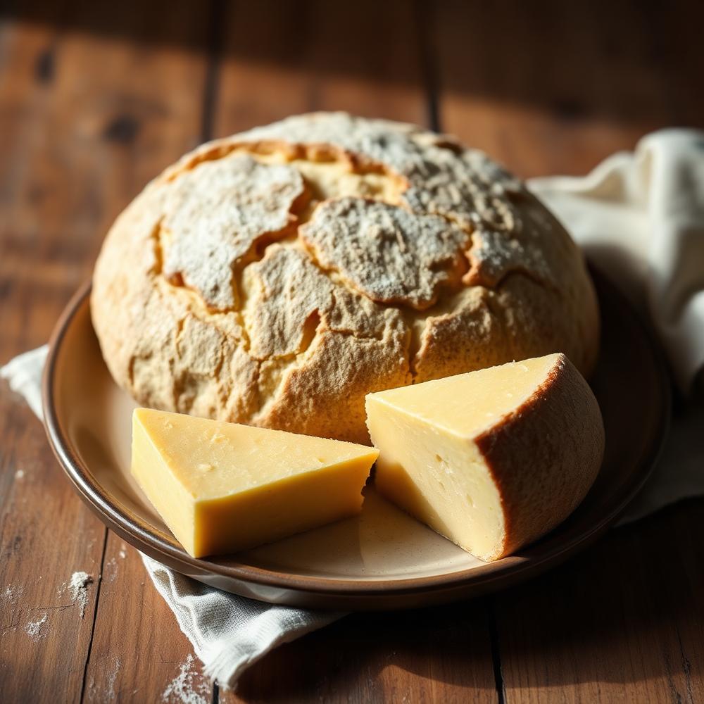 Sourdough artesanal ao lado de um pedaço de queijo da Canastra sobre prato de cerâmica