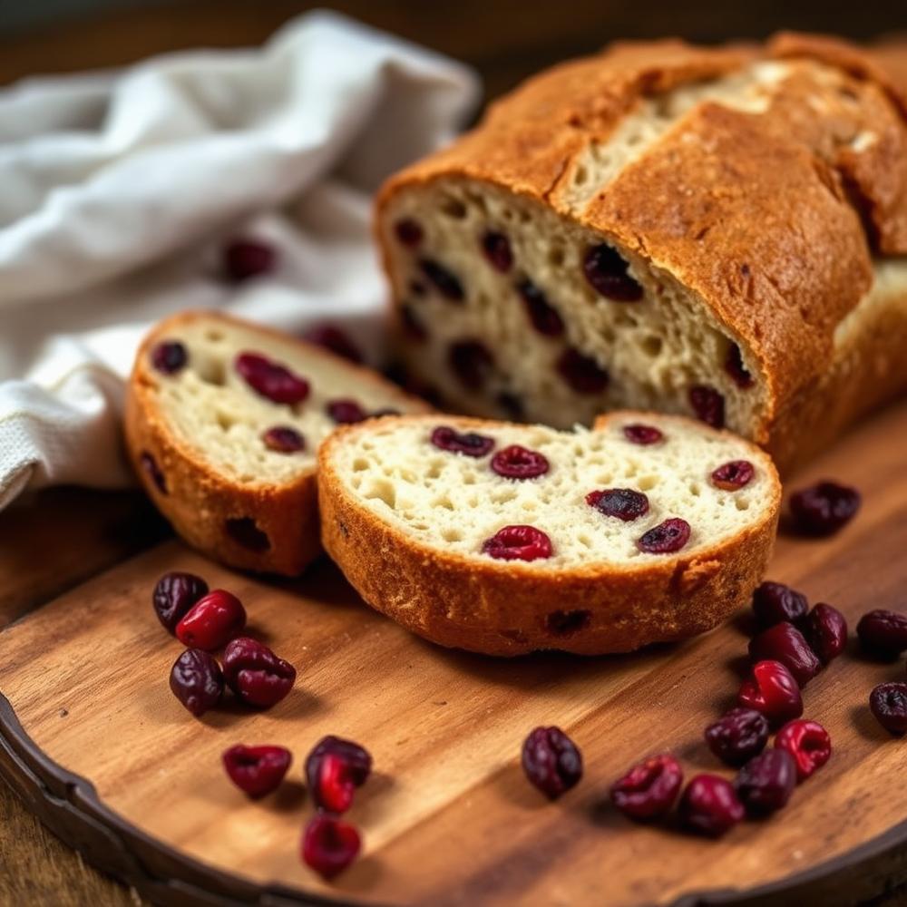 Pão sourdough dourado fatiado com cranberries visíveis no miolo sobre tábua de madeira