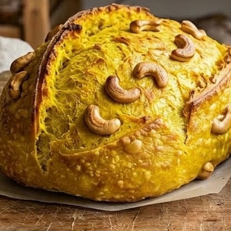 Pão sourdough dourado de cúrcuma fatiado com castanhas de caju ao lado