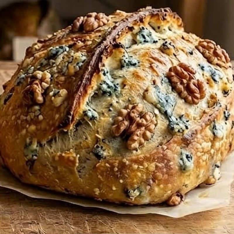 Sourdough artesanal com gorgonzola e nozes fatiado ao lado de nozes inteiras e queijo