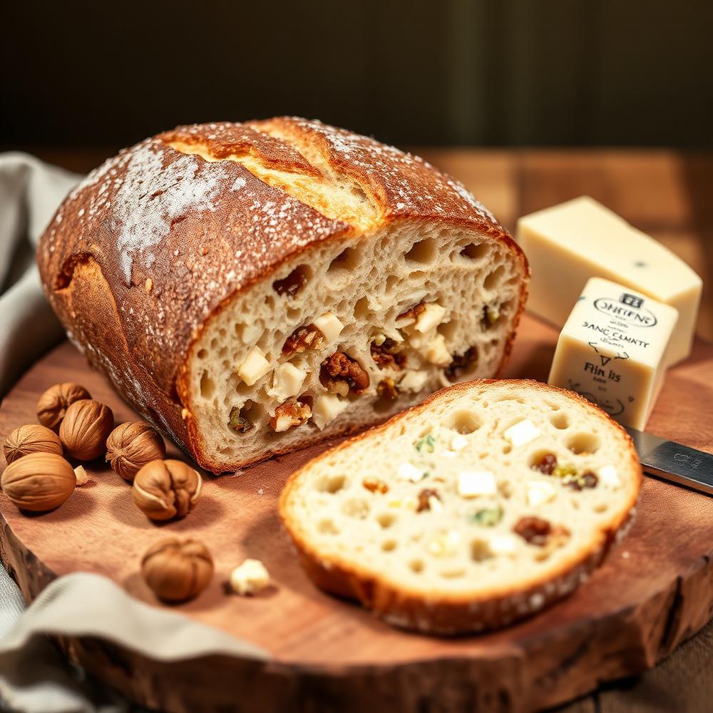 Sourdough artesanal com gorgonzola e nozes fatiado ao lado de nozes inteiras e queijo