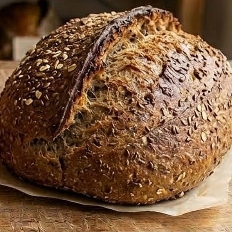 Pão sourdough integral fatiado revelando miolo rústico sobre tábua de madeira