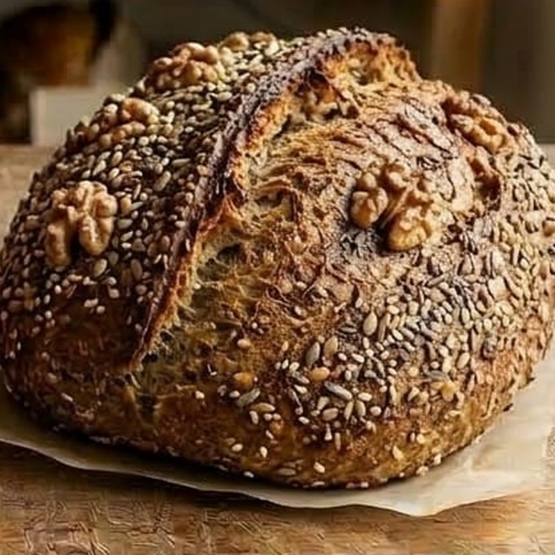 Pão sourdough integral com nozes fatiado sobre tábua de madeira rústica