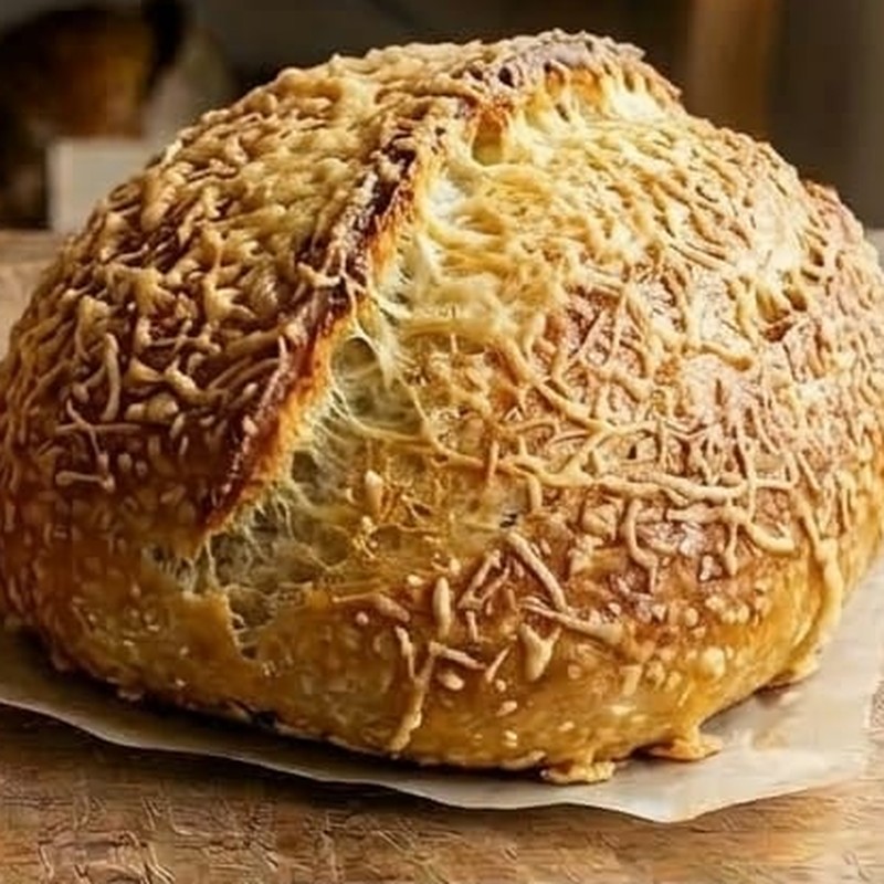 Pão sourdough com parmesão dourado fatiado ao lado de um pedaço de queijo