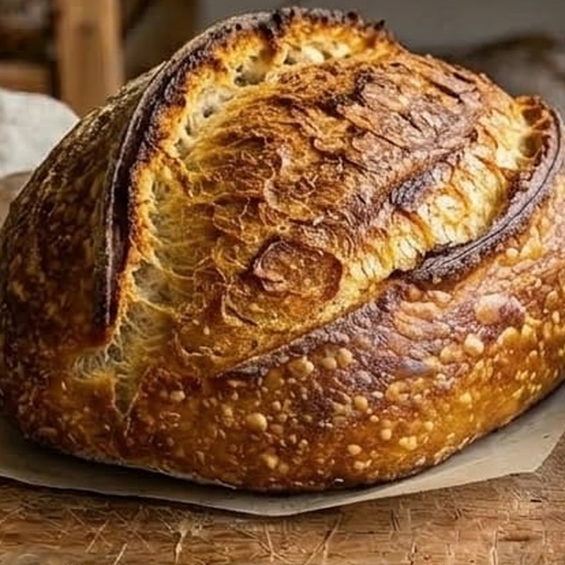 Pão sourdough tradicional com casca dourada e crocante sobre tábua de madeira